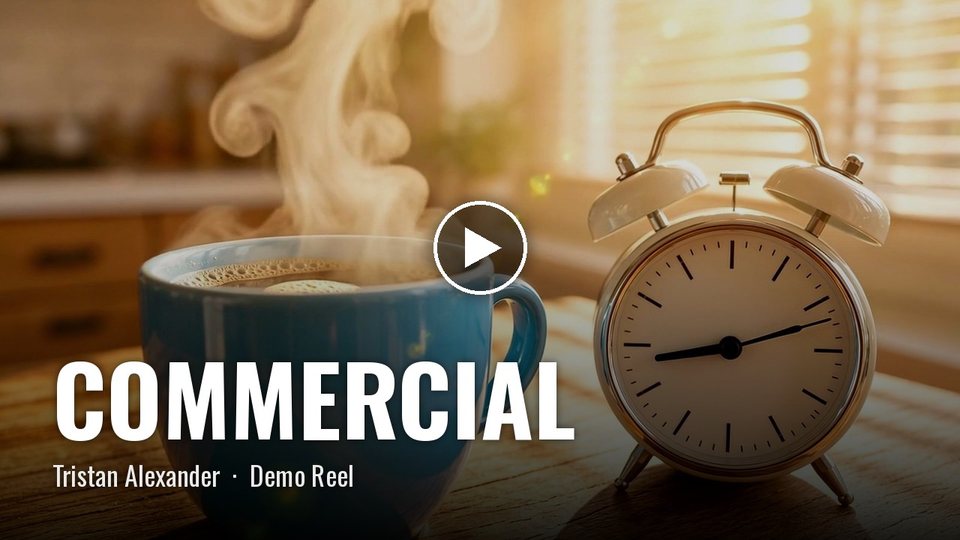 Still from the Commercial demo reel: a steaming mug of coffee beside an alarm clock in morning light