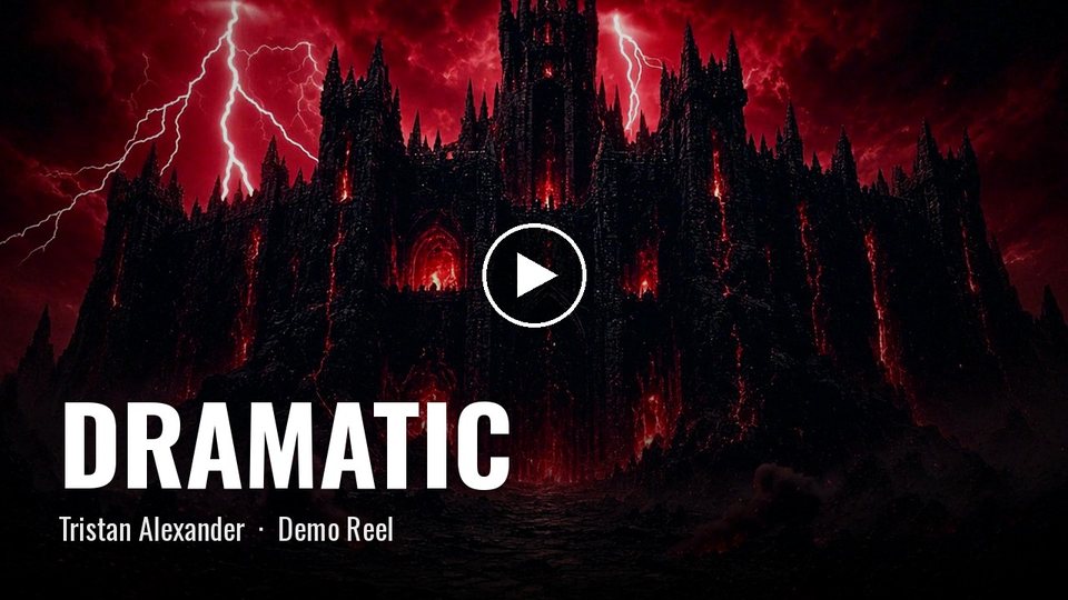 Still from the Dramatic demo reel: a dark gothic castle under red lightning