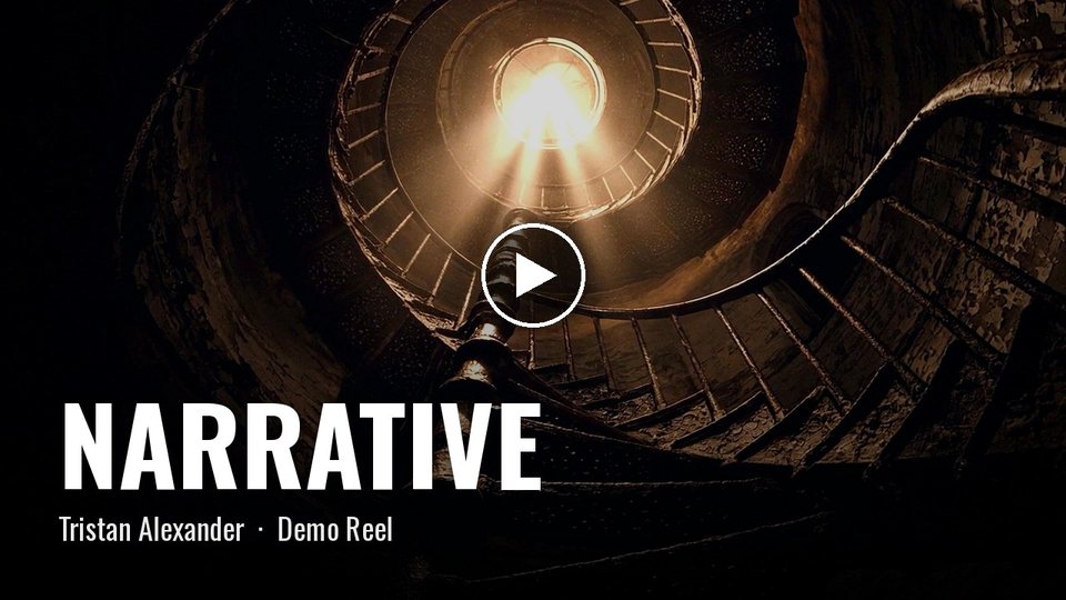 Still from the Narrative demo reel: looking up a spiral staircase toward a bright light